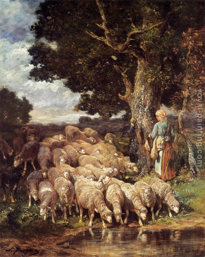 Charles Emile Jacque : A Shepherdess with her Flock near a Stream